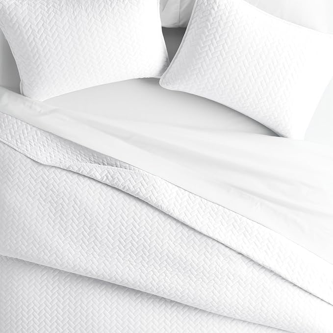 Merit Linens Classic Quilt Coverlet Soft Set in Herringbone Stitching - Full/Queen White