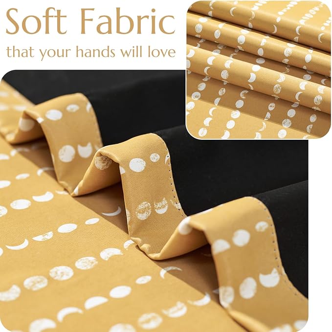 jinchan Boho Blackout Curtains 96 Inches Long Moon Phase Printed Drapes | Mustard Yellow Farmhouse Curtain for Bedroom Living Room Back Tab Rod Pocket Drapes Room Darkening Window Treatment 2 Panels