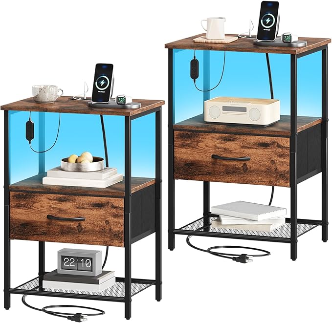 Somdot Nightstand Set of 2 with Charging Station & LED Light, Bedside Table | Dorm, Guest Room, Kids Room, Laundry, Closet, Entryway and Hallway, Brown