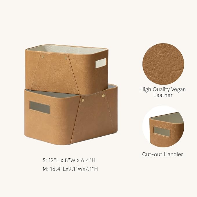 LA JOLIE MUSE Faux Leather Storage Baskets for Organizing, Camel 2 Pack | Sturdy Decorative Storage Bins for Closet, Shelf, Office Cabinets, Organizer Baskets for Toys, Books and Home Essentials