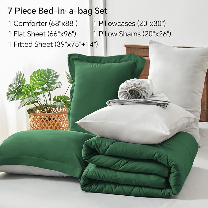 BEDELITE Twin Comforter Set 5 Pieces, Reversible Dark Green Bed in A Bag | Soft All Season Down-Alternative Comforter, Sheets, Pillowcases & Shams, OEKO-TEX Certified Bedding for Bedrrom, Guest Room