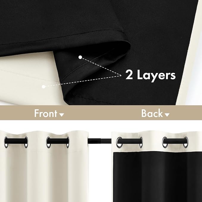 MIULEE Beige White 100% Blackout Curtains for Bedroom 40x72 Inch 2 Panels | 2 Thick Layers Thermal Insulated Window Curtains with Black Liner, Noise Reducing Grommet, Drapes for Living Room