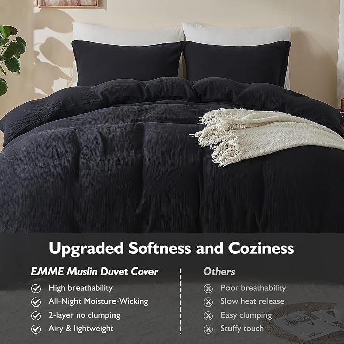 EMME Muslin Cotton Duvet Cover Set Black King Size Linen Like Soft Breathable Lightweight Summer Comforter Cover Set with Zipper Closure (Black, King, 104"x90")