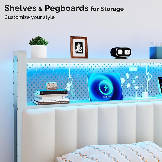 VINGLI Queen Size Headboard for Bed,Upholstered Headboards with Storage, Charging Stations and LED Lights, 2 Tier Shelves and Pegboard, Modern Bed Head Board, Adjustable Height, White