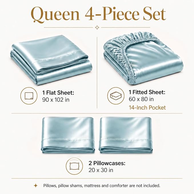 CozyLux Satin Sheets Queen, 4-Piece 14-Inch Deep Pocket Sheet Set | OEKO-TEX Certified Silky Soft Sheet Set for Hair & Skin, Luxurious Silky-Smooth Satin for Elegant Bedroom Decor, Light Blue