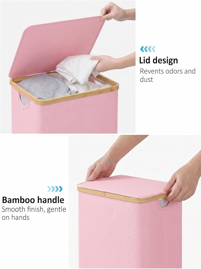IEGrow Laundry Hamper with Lid,110L Laundry Basket with Mesh Bags,Pink | Dirty Clothes Hamper Basket with Bamboo Handle for Clothes Towels