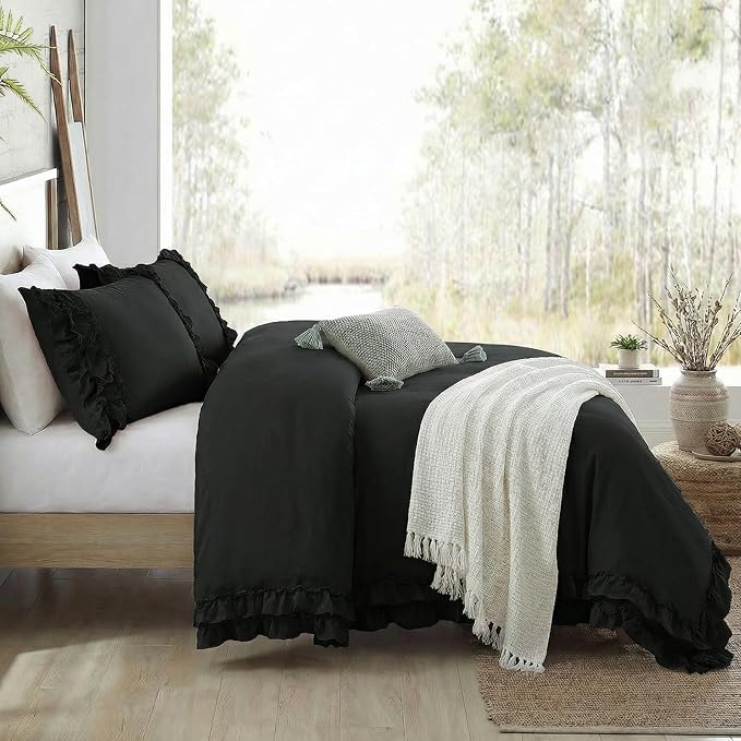 Bedorm Black Duvet Cover King Pleated Ruffled Bedding Set Shabby Chic Lace Ruffle Fringe French Country Room Decor Super Soft Cozy Black Boho Duvet Cover Sets