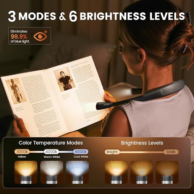 Glocusent Reading Light,Bendable Neck Light,80-hr Rechargeable Book Light | 3-Color&6-Brightness, USB-C,Hands free LED Neck Reading Light,Women, Knitting, Repairing,Crafting, Wearable,Book Lovers Gifts