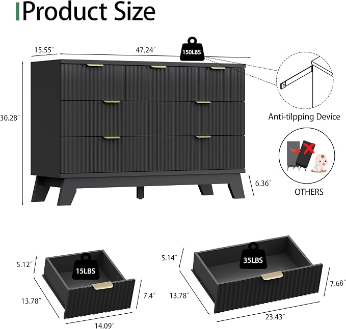 Xixini Fluted Dresser for Bedroom with 7 Drawers, 48" Wide Chest of Drawers with Metal Handle, Modern Wood Dresser TV Stand, Wooden Closet Clothes Storage Organizer for Living Room, Hallway, Black
