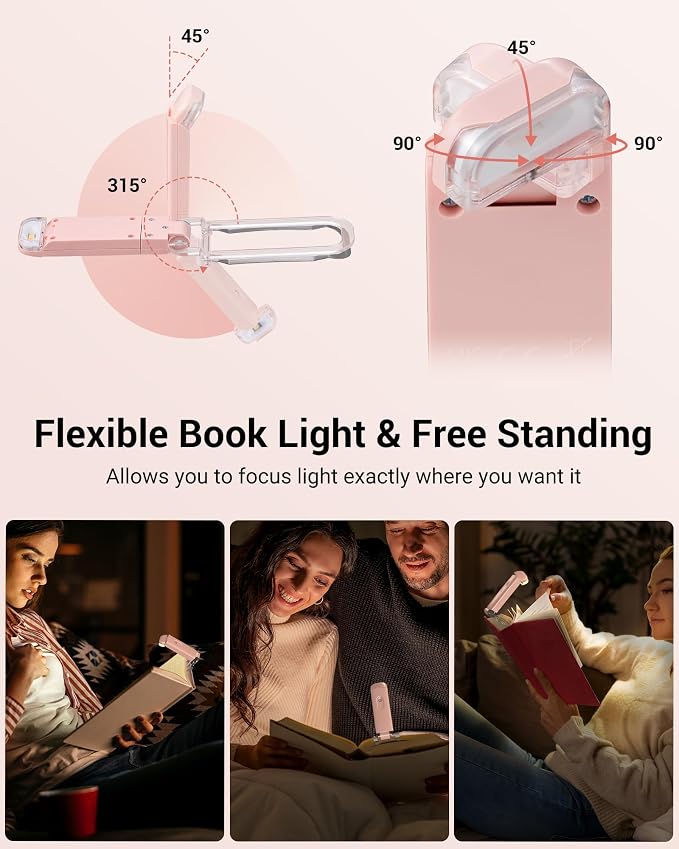 DEWENWILS Book Reading Light with Clip, USB Rechargeable Booklight Pink | Warm White, Brightness Adjustable, Flexible Lighting Angle, Portable Bookmark Lamps for Bookworms, Kids