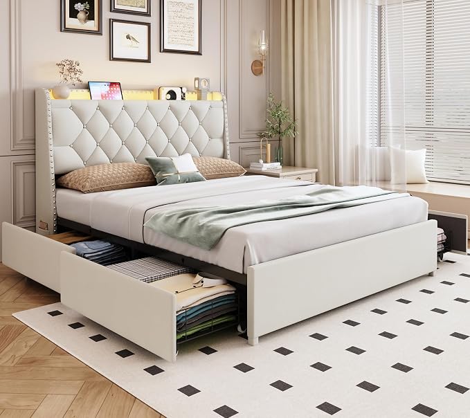 TIGUBFRE Full Size Bed Frame with 4 Drawers and Storage Headboard, Upholstered Tufted Wingback Bed Frame with LED Lights and Charging Station, No Box Spring Needed, Easy Assembly, Noise Free, Beige