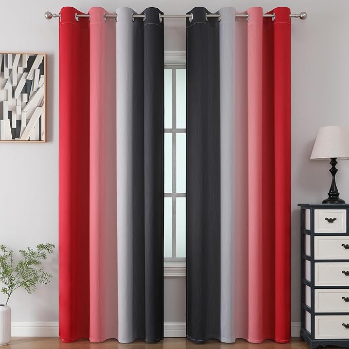 Red and Black Ombre Blackout Bedroom Curtains 102 Inches | Room Darkening, Thermal Insulated, Light Blocking, Window Gradient Grommet Drapes for Living Room/Boys Room,52Wx102L,2 Panels
