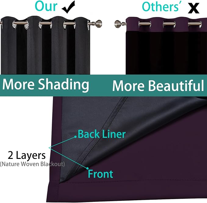 Yakamok Dark Purple 100% Blackout Curtains 84 Inches Long 52" Wide 2 Panels | Blackout Curtain Panels for Bedroom, 2 Thick Layers Grommet Top Thermal Insulated Drapes with Black Liner for Living Room