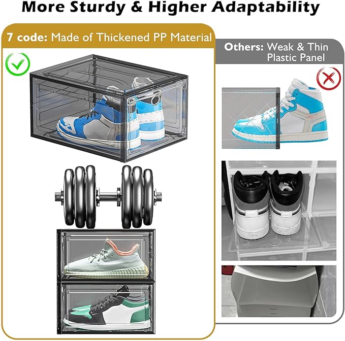 Large Thick Clear Shoe Organizer, Magnetic Door Stackable Shoe Storage Box | Foldable Shoe Storage Boxes for Sneakers & Boots, Space-Saving Closet Shoe Cabinet with Clear Magnetic Door, 9 Pack Black