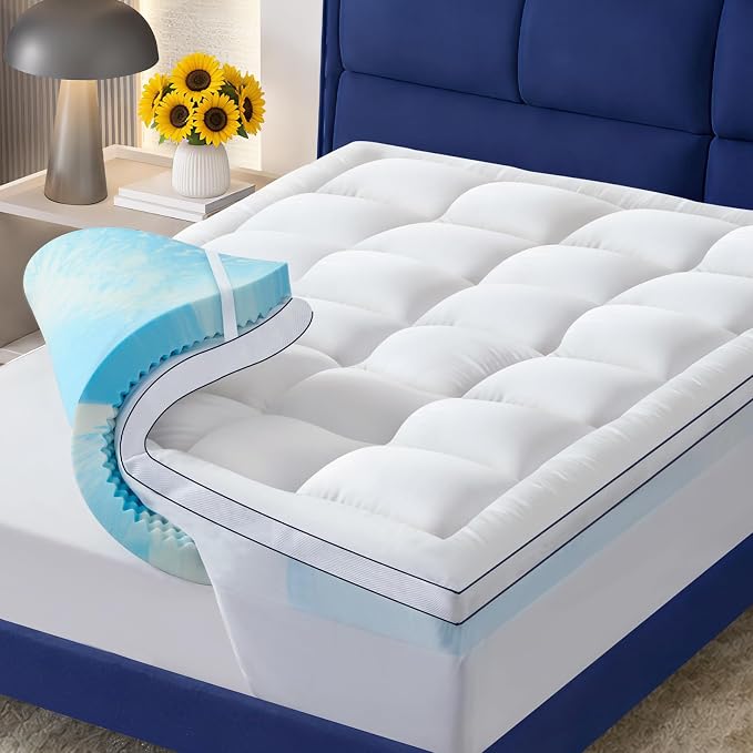 Dual Layer 4 Inch Memory Foam Mattress Topper Queen, 2 Inch Cooling Gel Memory Foam and 2 Inch Soft Pillow Top Mattress Pad Cover for Back Pain Relief, with Elastic 21" Deep Pocket