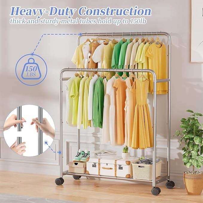 Simple Trending Clothing Clothes Rack, Double Rod Garment Rack, Silver | Portable Closet with Bottom Shelf, Anti-Slip Stoppers, 360° Lockable Wheels, Multiple Uses, Bedroom, Laundry Room