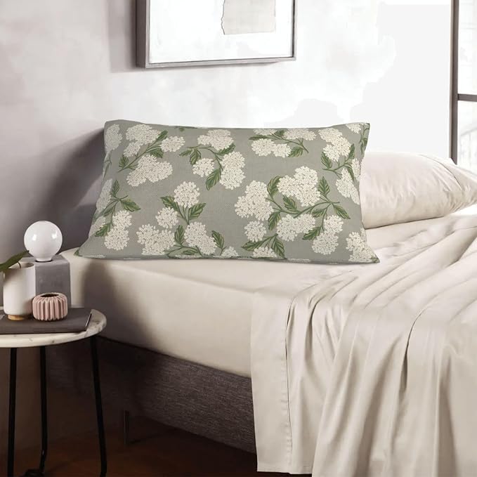 Grey Spring Pillow Covers 12x20 Inch 2 Pcs Gray Green Hydrangea Flower Decor Throw Pillows Vintage Floral Seasonal Summer Outdoor Decoration Pillowcase Linen Cushion Cover for Couch Sofa