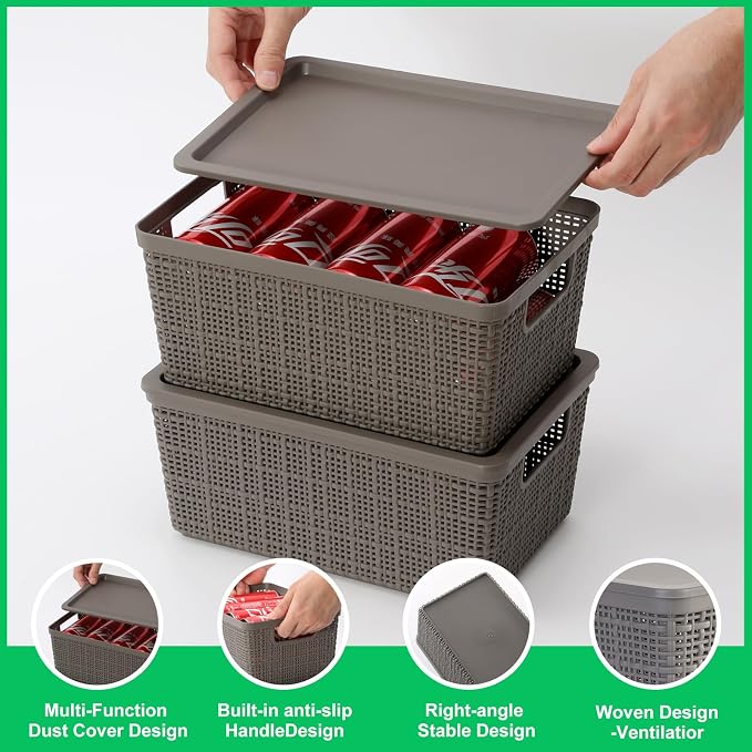 6 Pack Plastic Storage Baskets with Lid,Grey Stackable Bins | Durable Woven Plastic With handle Breathable,Save space,For Organizing Desktops, Closets, Playrooms, Classrooms, Offices