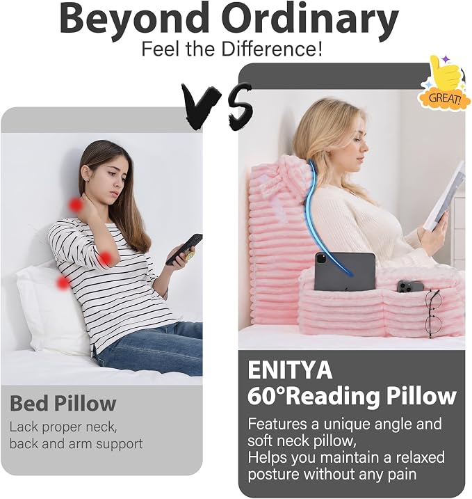 ENITYA 22" XL Back Pillow for Bed Sitting Up with Armrests & Big Pockets | Supportive Reading Pillow with Removable Washable Cover, Ideal for Bedroom, Living Room, Dorm, Modern Style, Pink