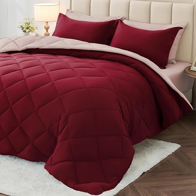 7 Pieces King Comforter Set, Reversible Bed in a Bag King Size, All Season Bedding Set with Comforter, Flat Sheet, Fitted Sheet, Pillowcases & Shams, Burgundy & Rose Gold