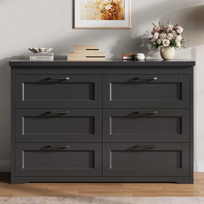 Jocoevol Black 6 Drawer Dresser for Bedroom, 47.2" Modern Chest of Drawers | Wooden Storage Dresser with Mental Handle, Large Double Dresser with 5.9" Deep Drawers for Living Room, Hallway Entryway