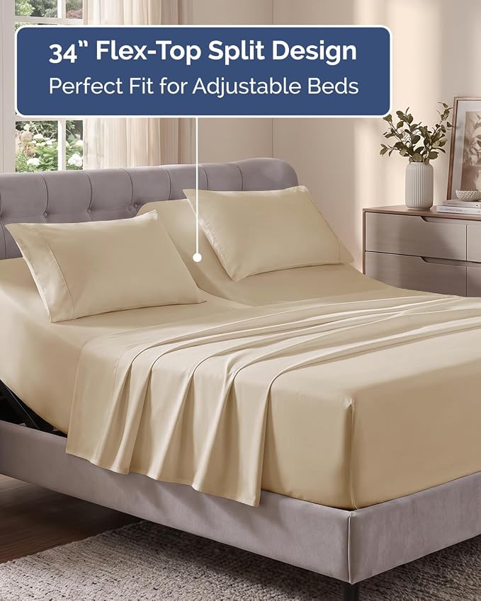 Flex Top Split Head King Sheet Set - 4 Piece Extra Deep Sheets - Cream | Easily Fits 18 to 24 inch Mattress, Ultra Soft, Wrinkle & Fade Free with Extra Deep Pockets, Comfy Hotel Luxury Bedding