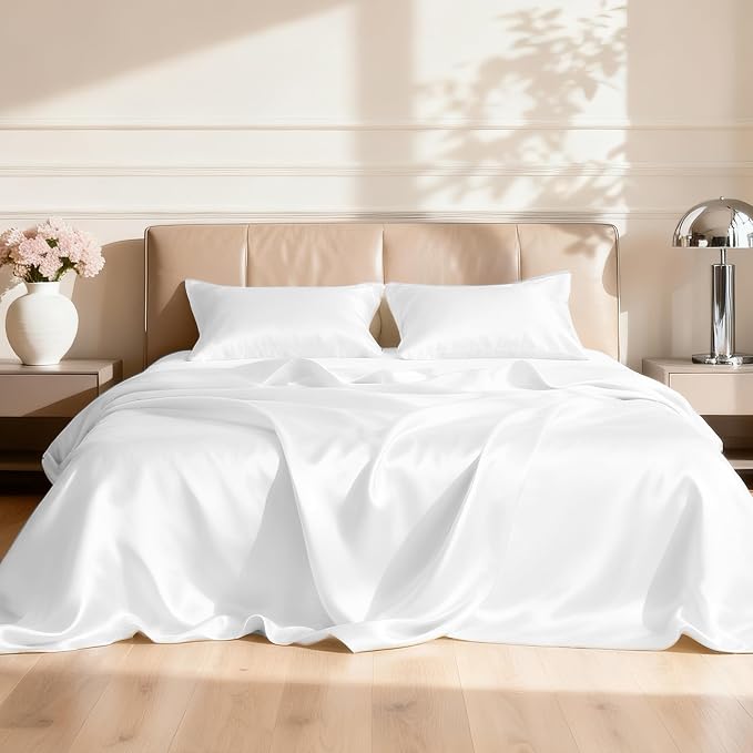 Love's cabin Full Size Satin Sheet Sets - 4 Piece White Silky Satin Sheet Set Full with Deep Pocket, Luxury Silk Feel Satin Bed Sheets Full Bedding Set (1 Flat Sheet,1 Fitted Sheet,2 Pillow Cases)