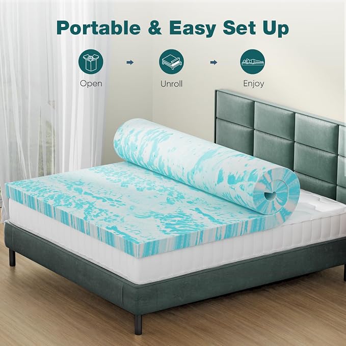 Sweetcrispy Memory Foam Mattress Topper Twin, 4 Inch Thick Cooling Pad | Gel Infused Cooling Pad, Ventilated Breathable Design, Sleeper Sofa, RV, Camper, Blue