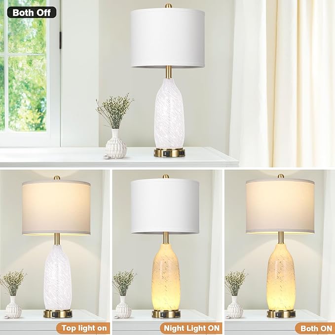 Rinweey 26" Modern Clear Glass Table Lamp Nightstand Lamp with USB A+C Ports & AC Outlet,Bedside Lamps with 3-Way Dimmable Touch Control Night Light for Bedroom Living Room,Single White