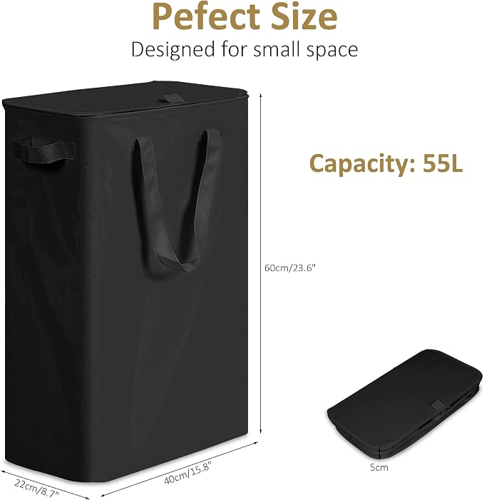 efluky Slim Laundry Basket with Lid, Narrow Laundry Hamper with Handles, Collapsible Dirty Clothes Hamper, Tall Laundry Bin for Laundry Room, Dorm and Bedroom, 55L Black