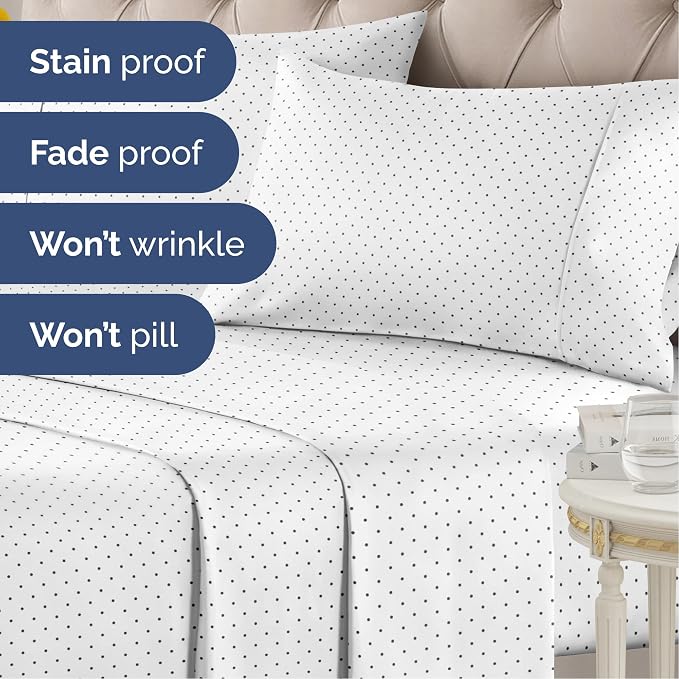 Twin 3 Piece Luxury Striped Sheet Set - Soft, Breathable & Cooling - Dots | 1 Flat, 1 Fitted & 1 Pillowcase w/ Deep Pockets, Luxury Striped Bedding, Soft, Breathable & Cooling, Wrinkle & Fade Free