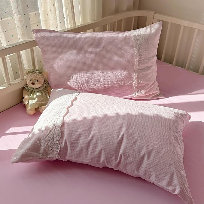 mixinni Pink Gingham Duvet Cover King Size - 3 Piece Cottagecore Plaid Bedding Set with Lace Trim, Soft Washed Microfiber Vintage Aesthetic Grid Comforter Cover & Pillow Shams, (Pink White Gingham)
