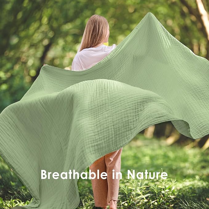 EMME Muslin Blankets for Adults Throw Blanket for Couch Breathable Gauze Soft Lightweight Airy Sage Green Throw XL 50" x 71"