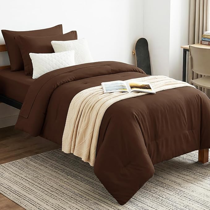 Twin Comforter Set Brown, 5 Pieces Bed in a Bag Twin Comforter Set with Sheets, Soft Bedding Sets with Down Alternative Comforter, Sheets, Pillowcase & Sham, Soft Bed Set for All Seasons
