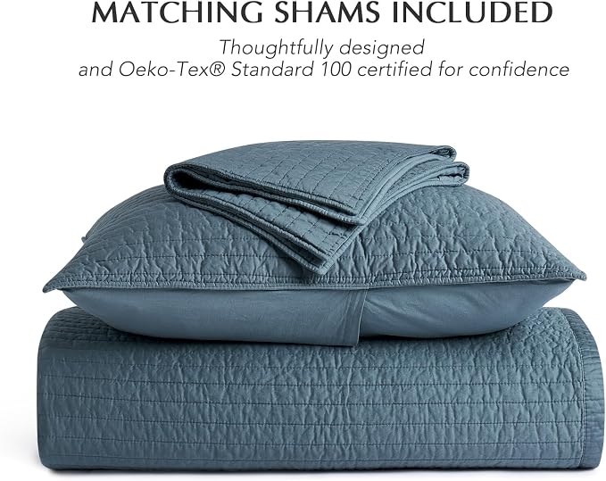 EVERGRACEHOME Cotton Sateen Quilt Set, King Size, Sonoma Blue | 100% Cotton, Channel Stitch Coverlet Bedspread, Pre-Washed Lightweight Soft Bedding Set for All Season, 3 Piece, with 2 Shams