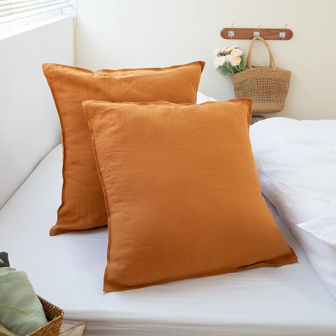 Simple&Opulence 100% Washed Linen Euro Shams 26'' x 26'' Pack of 2, Basic Style Solid Color Natural Flax Farmhouse Decorative Square Throw Pillow Covers for Bed Couch Sofa - Rust