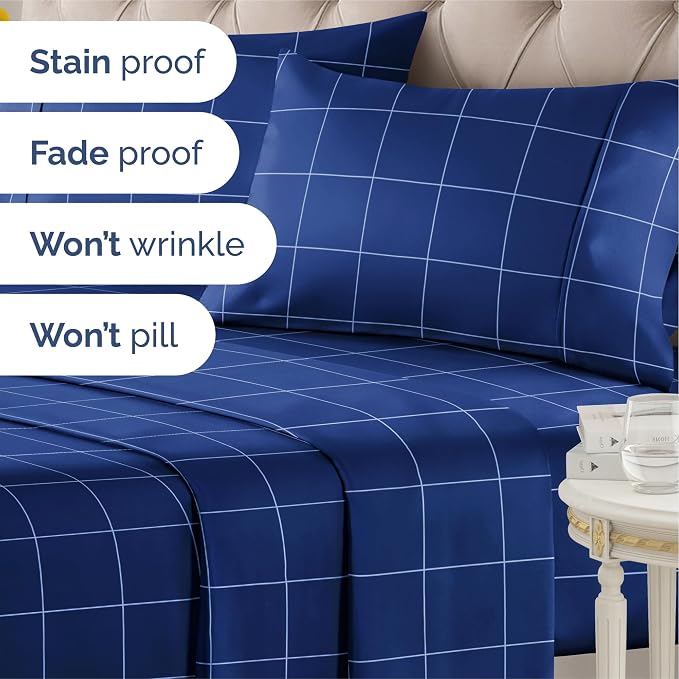Queen 4 Piece Striped Sheet Set - Soft, Breathable & Cooling - Blue Grid | 1 Flat, 1 Fitted & 2 Pillowcases w/ Deep Pockets, Luxury Striped Bedding, Soft, Breathable & Cooling, Wrinkle & Fade Free