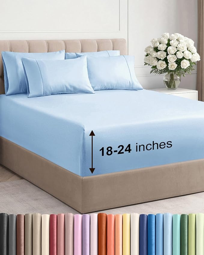 Extra Deep King Sheet Set - 6 Piece Breathable Cooling Sheets - Light Blue | Hotel Luxury Bed Sheets Set, Easy & Secure Fit, Ultra-Soft, Wrinkle & Fade Free, Comfy Sheets Set with Extra Deep Pockets