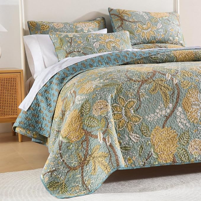 Wistown Cotton Bedspread Bedding Coverlet Quilt Sets, Reversible Vintage Branch Floral Bedspread comforters, (Rustic Sage Green Floral Pattern, King Size)