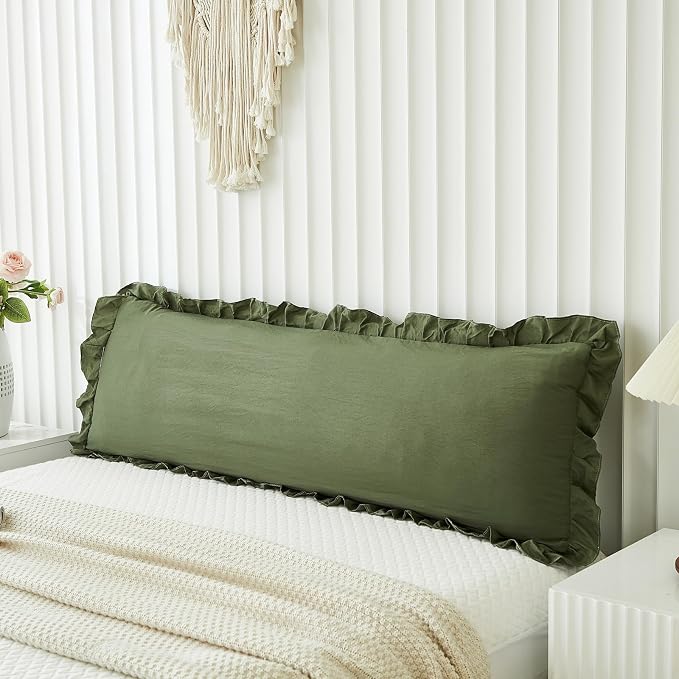 Shabby Chic Olive Green Body Pillow Cover - 20x54in Long Pillowcase with Ruffled Fringe Decor