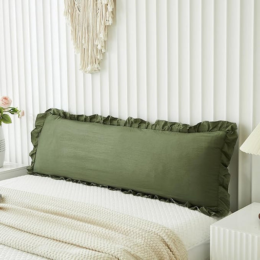 Shabby Chic Olive Green Body Pillow Cover - 20x54in Long Pillowcase with Ruffled Fringe Decor