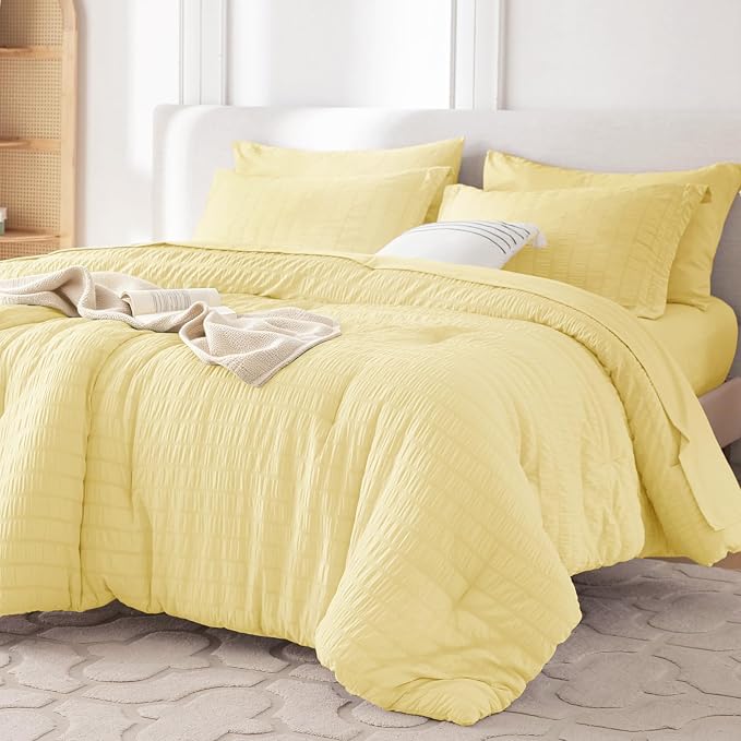 7 Pieces Oversized King Comforter Set, Seersucker Bed in a Bag Oversized King Size, All Season Luxury Bedding Set with Comforter, Flat Sheet, Fitted Sheet, Pillowcases & Shams, Yellow
