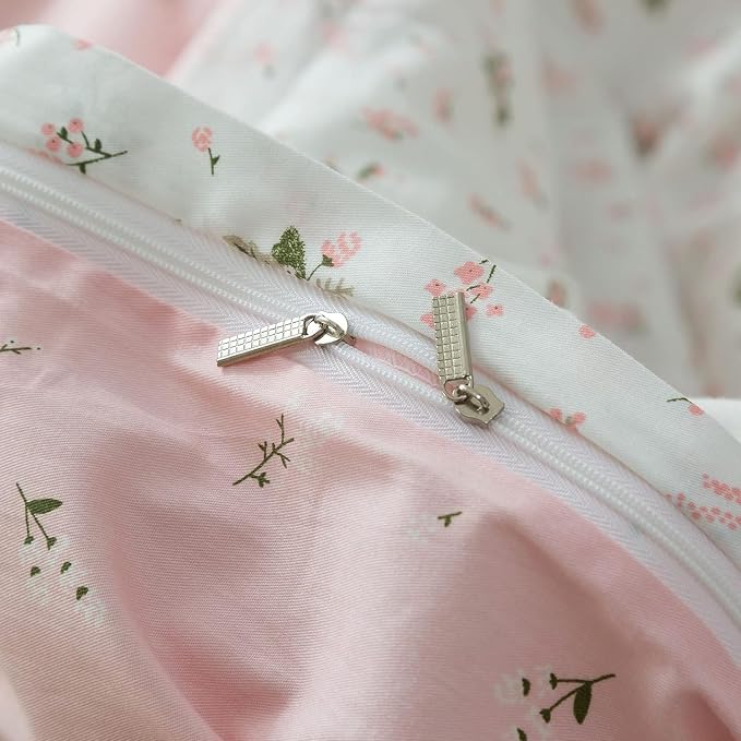 mixinni Cotton Floral Duvet Cover Twin Girl Pink Flower Teenage Girls Duvet Cover Set with Zipper Ties, Easy Care, Ultra Soft and Breathable-Twin Size