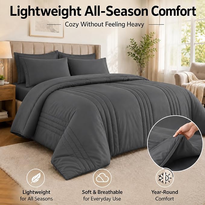 Twin XL Comforter Set Dark Grey - Bed in a Bag Twin XL Size 5 Pieces, Soft Bedding Set for All Seasons, Premium College Dorm Comforter Set with Comforter, 1 Sheet, 1 Pillowcase & 1 Sham