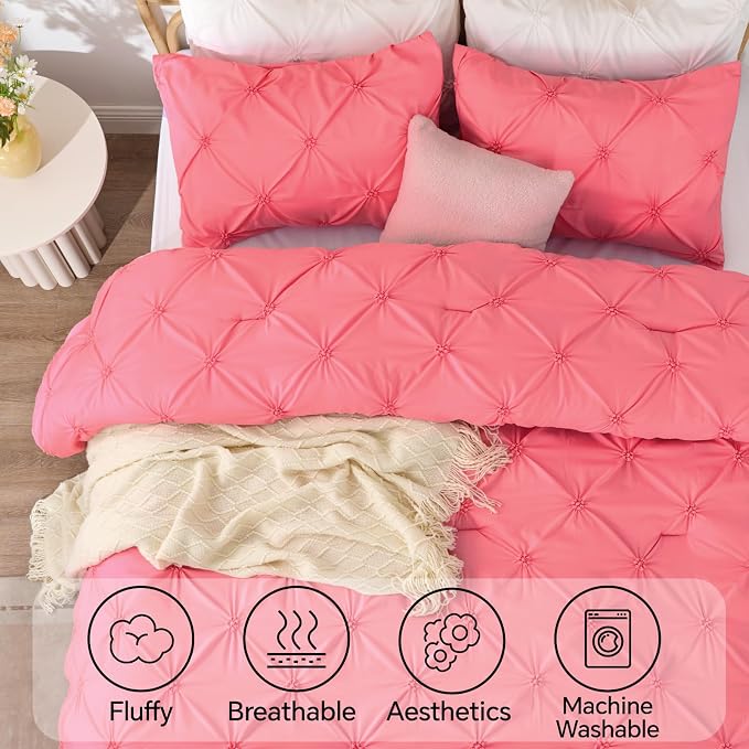 BEDELITE Twin Comforter Set Strawberry Pink,Lightweight & Soft Comforter | Pintuck Boho Bedding, Warm & Cute Bed Set for All Season,With 1 Pillowcase