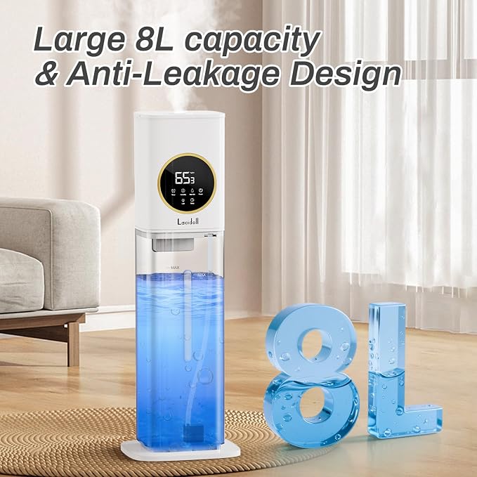 Humidifier Large Room, 2.1Gal/8L Humidifiers for Bedroom Home with Essential Oil Diffuser, Top Fill Whole House Cool Mist Humidifiers for Plants Baby Kids Adults Office, White