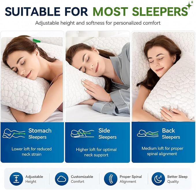 SUPA MODERN Cooling Pillow Standard Size 1 Pack, CertiPUR-US Shredded Memory Foam Pillows, Cool Bed Pillows for Hot Sleepers, Adjustable Firm Pillow for Side,Back,Stomach Sleepers, Better Sleep