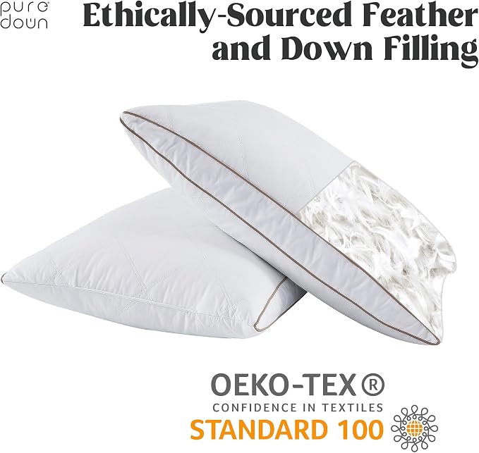 puredown® Natural Goose Down Feather Pillows for Sleeping Oval Gusseted Feather Down Pillow 100% Cotton Pillow Cover with Leaf Quilting Standard Set of 2