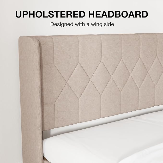 Novilla Queen Bed Frame with Headboard, Queen Size Bed Frame, Linen Upholstered Pull-Point Wing Side Headboard, No Box Spring Needed, Heavy Duty Feet, Easy Assembly, Beige