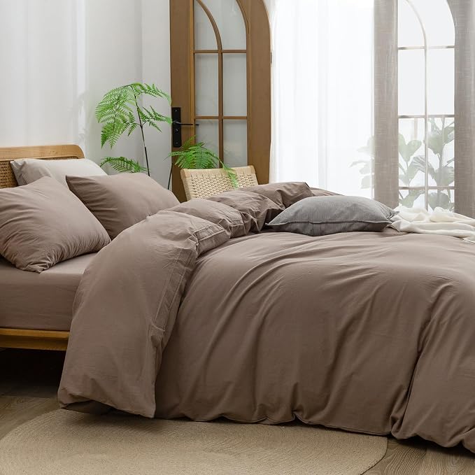 BESTOUCH Cotton Solid Duvet Cover Set Pine Bark Brown Oversized Queen | 100% Washed Cotton, Soft Wrinkle Texture, Hidden Zipper, 8 Ties, Breathable Lightweight Durable Comfy, 3 Pcs No Insert